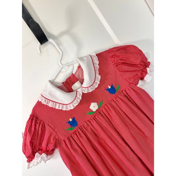 Vintage Jayne Copeland‎ Girls Striped Puff Sleeve Shift Dress Red White Size 6X - Picture 2 of 12